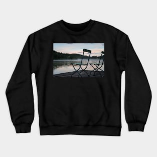 Two Chairs on pier. Amazing shot of the Ferchensee lake in Bavaria, Germany. Scenic foggy morning scenery at sunrise. Crewneck Sweatshirt